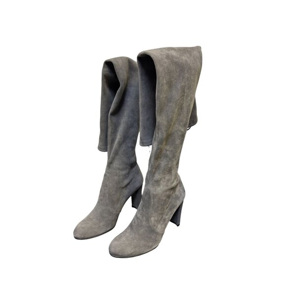Stuart Weitzman Suede Over-The-Knee Boots Grey With Block Heel & Tie Closure Siz - Picture 8 of 14